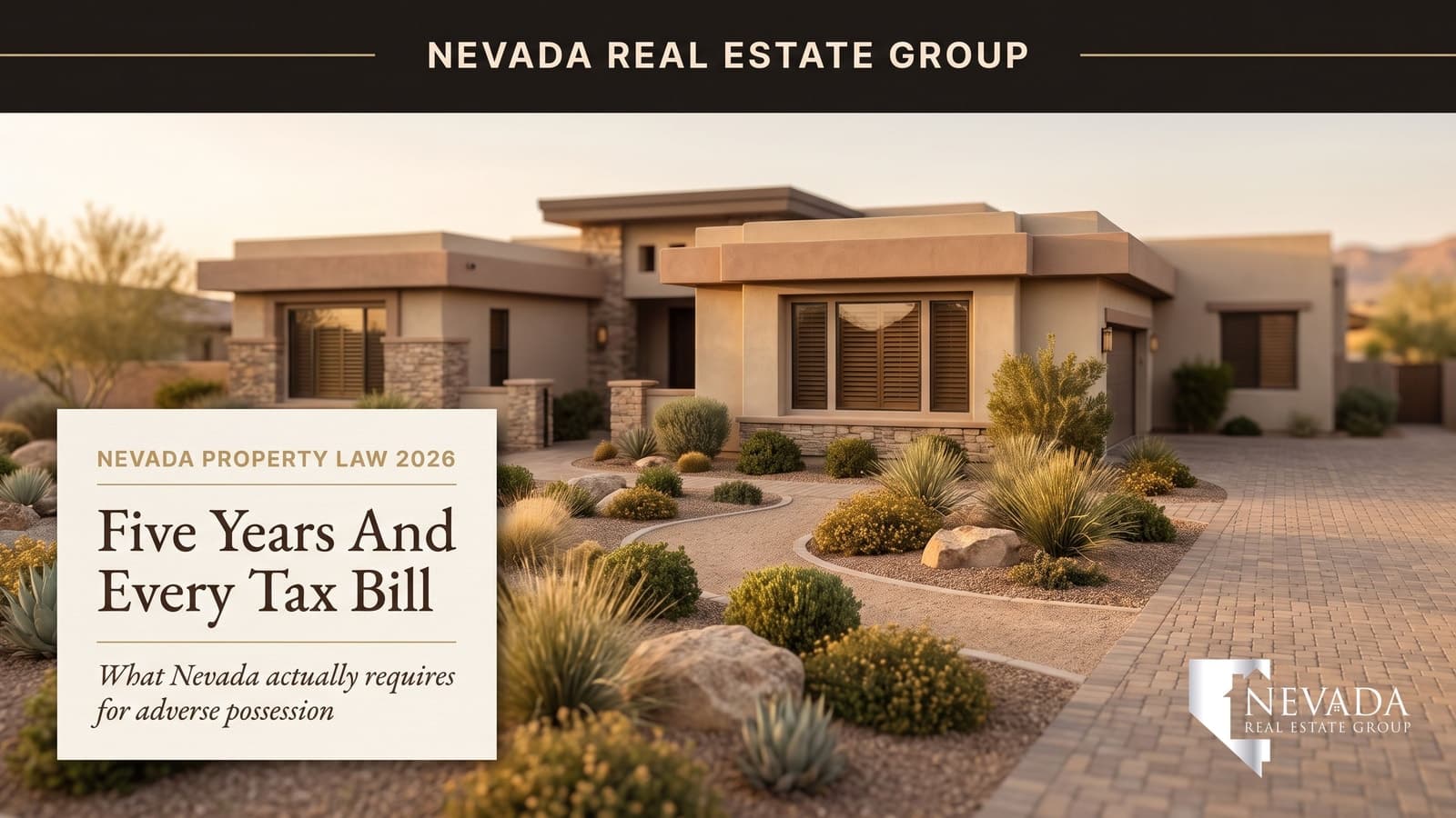 Quiet vacant single-family home exterior in a Las Vegas neighborhood at golden hour with closed blinds