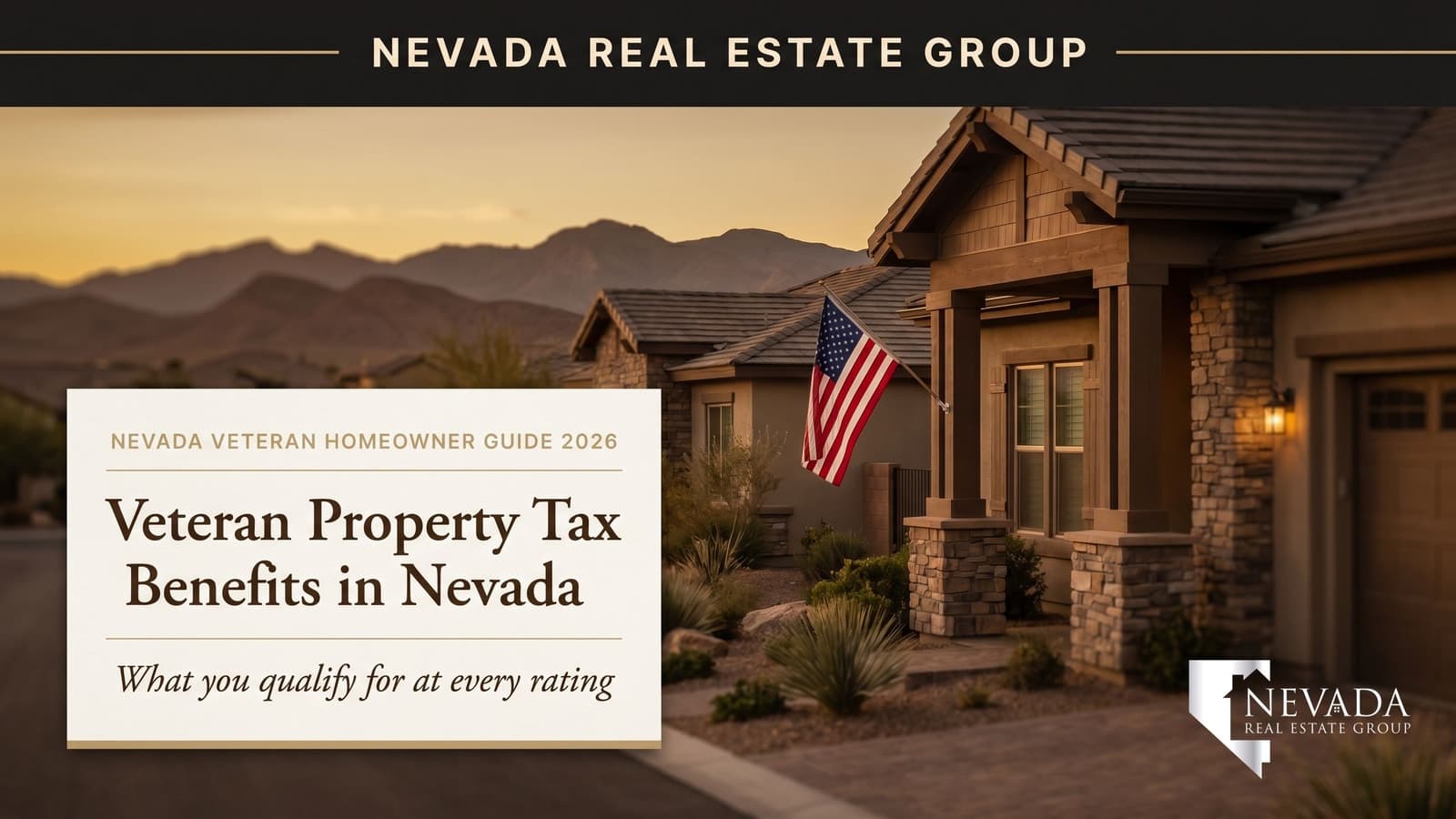 Las Vegas Nevada suburban homes with American flag at dusk — Clark County veteran and disabled veteran property tax exemption guide 2026