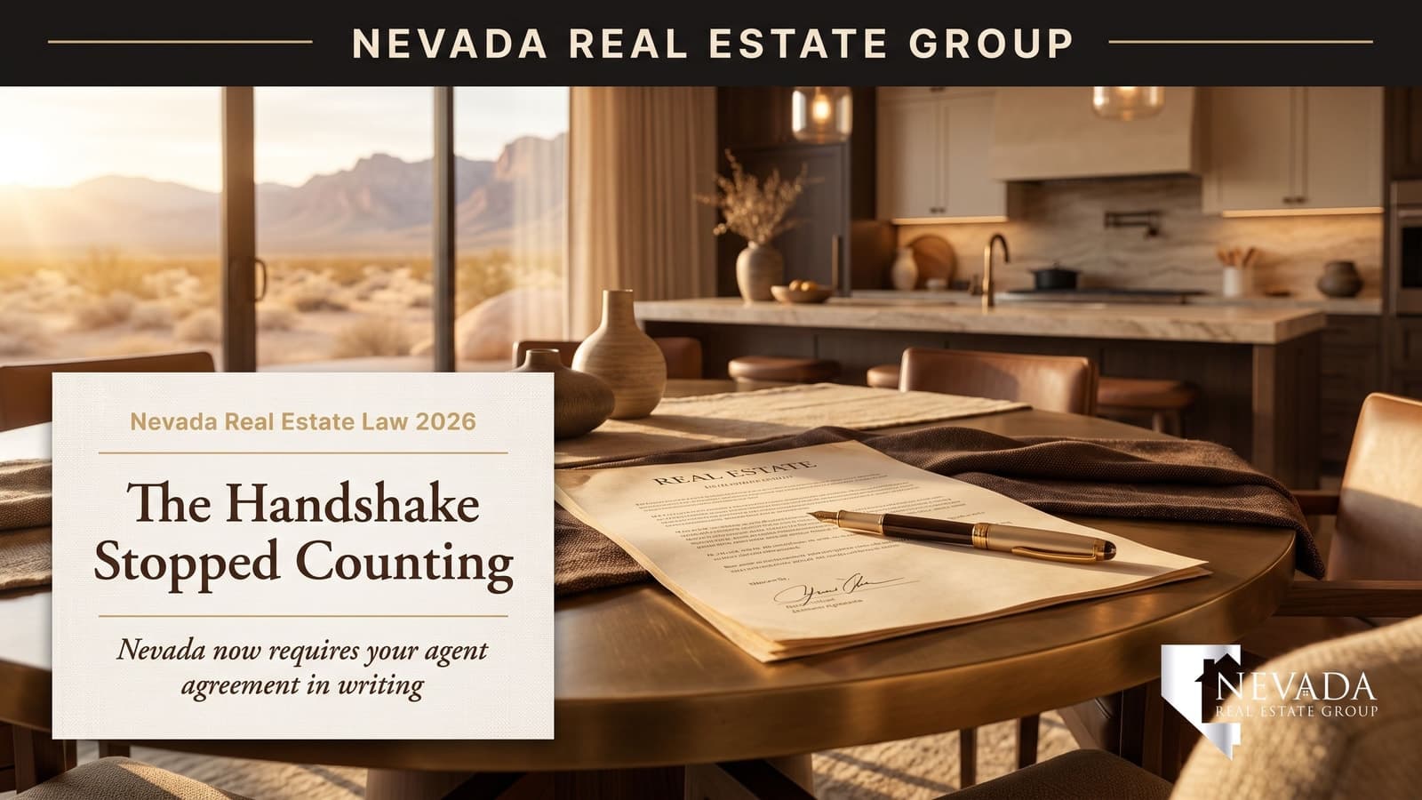 Signed Nevada real estate brokerage agreement and pen resting on a kitchen table in a Las Vegas home at golden hour