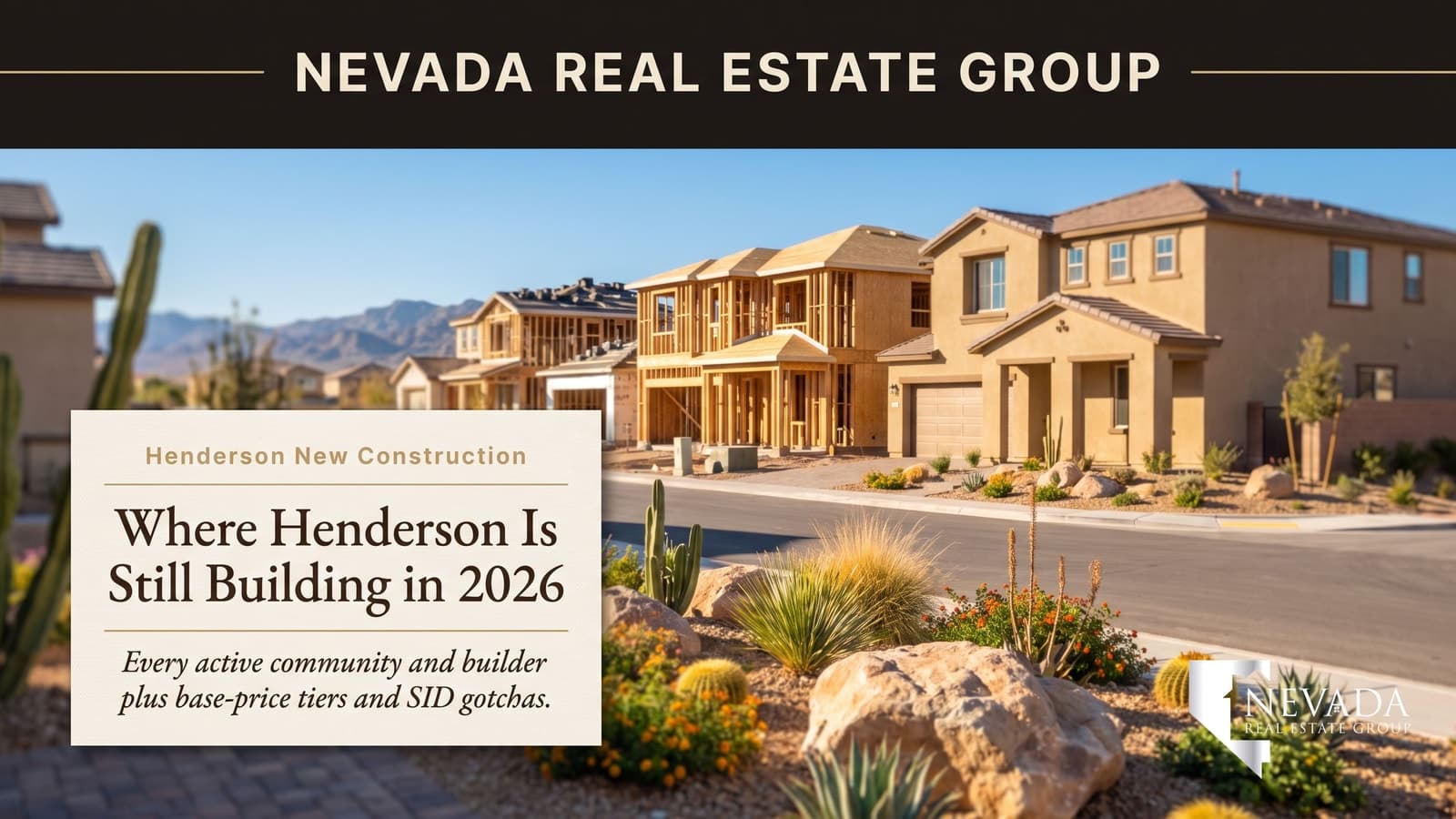 New construction homes in Henderson Nevada 2026 — framed two-story houses and finished stucco models in a master-planned community with mountain views