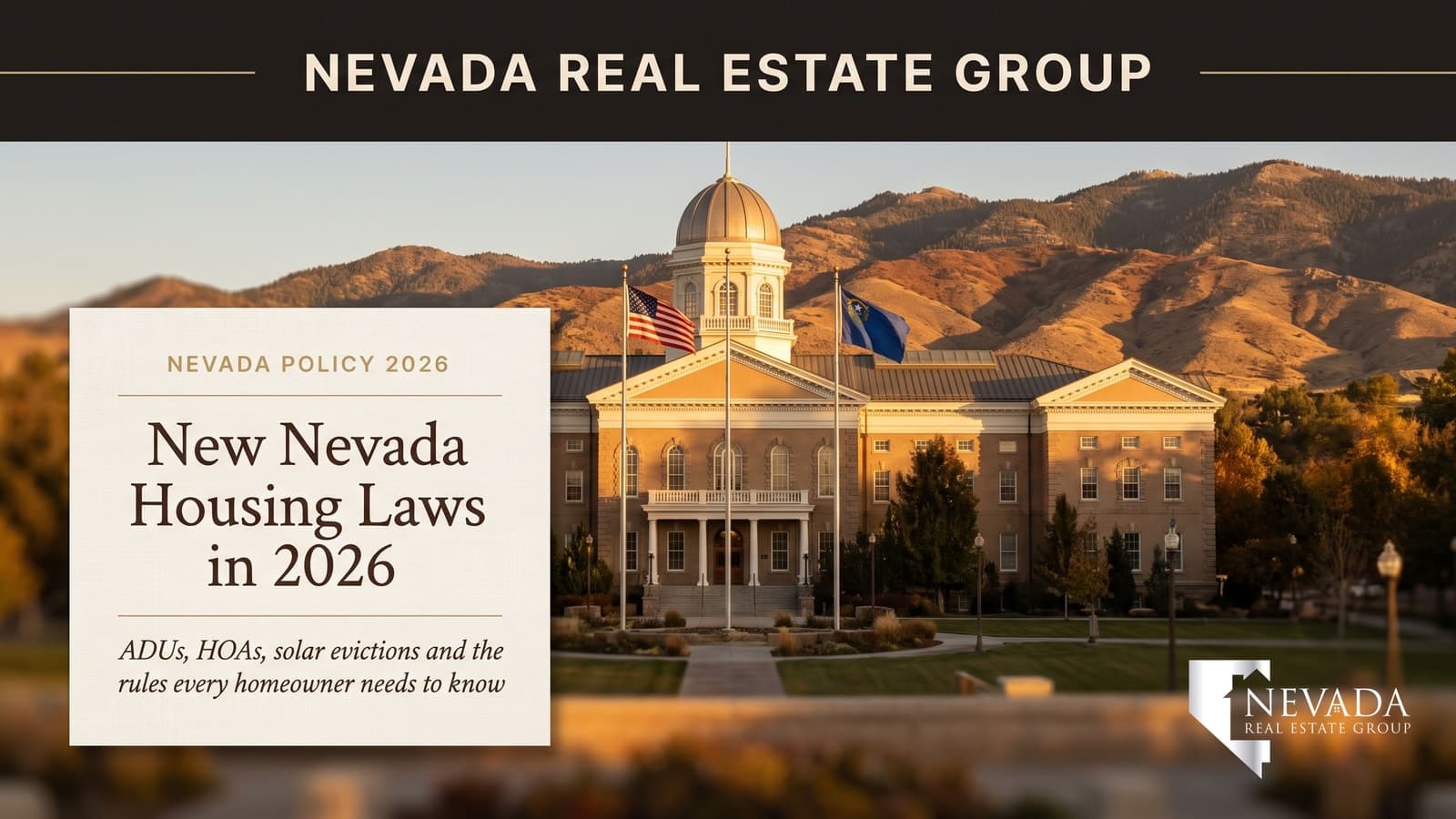 The Nevada Legislature building in Carson City with the Las Vegas valley in the background, representing the 2025-session housing laws taking effect across the state in 2026