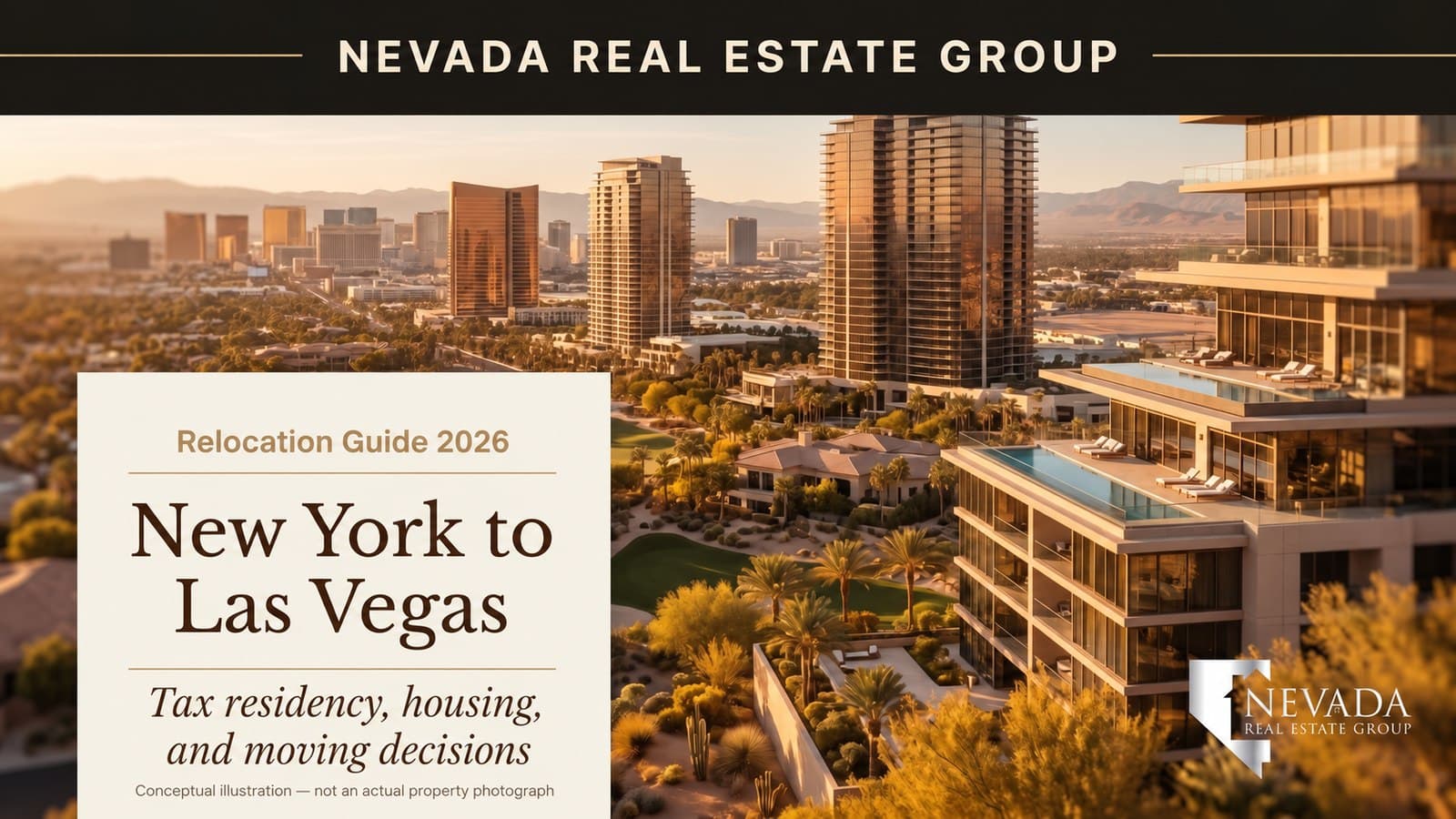 Conceptual Las Vegas skyline illustration with a New York relocation guide title card, labeled as an illustration rather than an actual aerial photograph