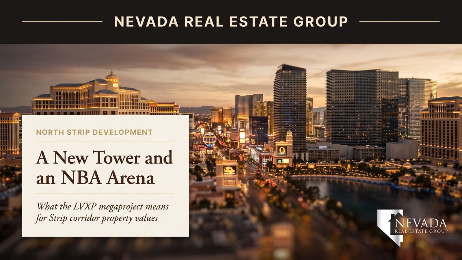 The north Las Vegas Strip skyline at dusk near the Sahara and Fontainebleau, site of the approved 752-foot LVXP tower and NBA-ready arena project