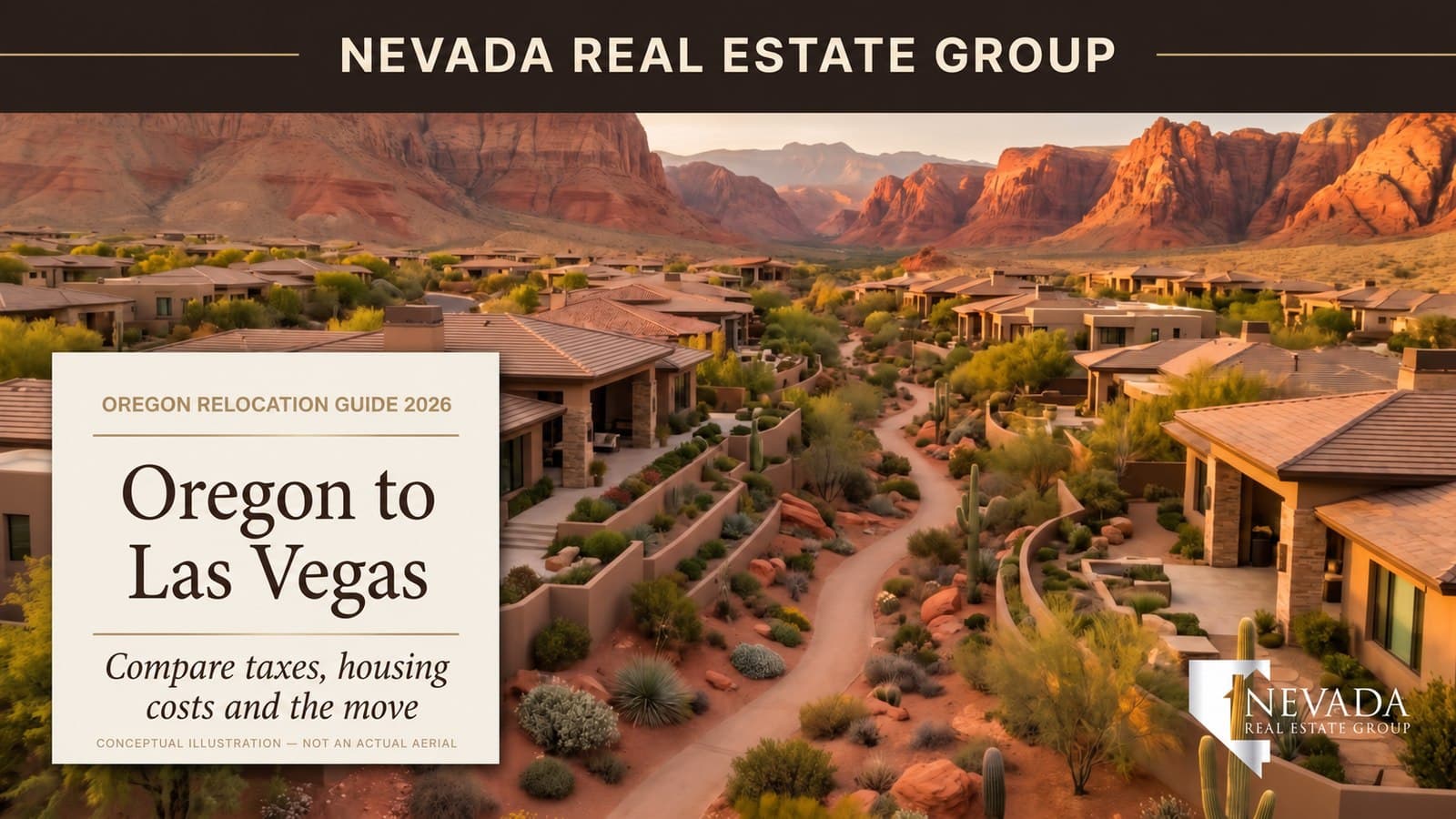 Conceptual desert-neighborhood illustration with an Oregon-to-Las Vegas relocation title card and an explicit not-an-actual-aerial label