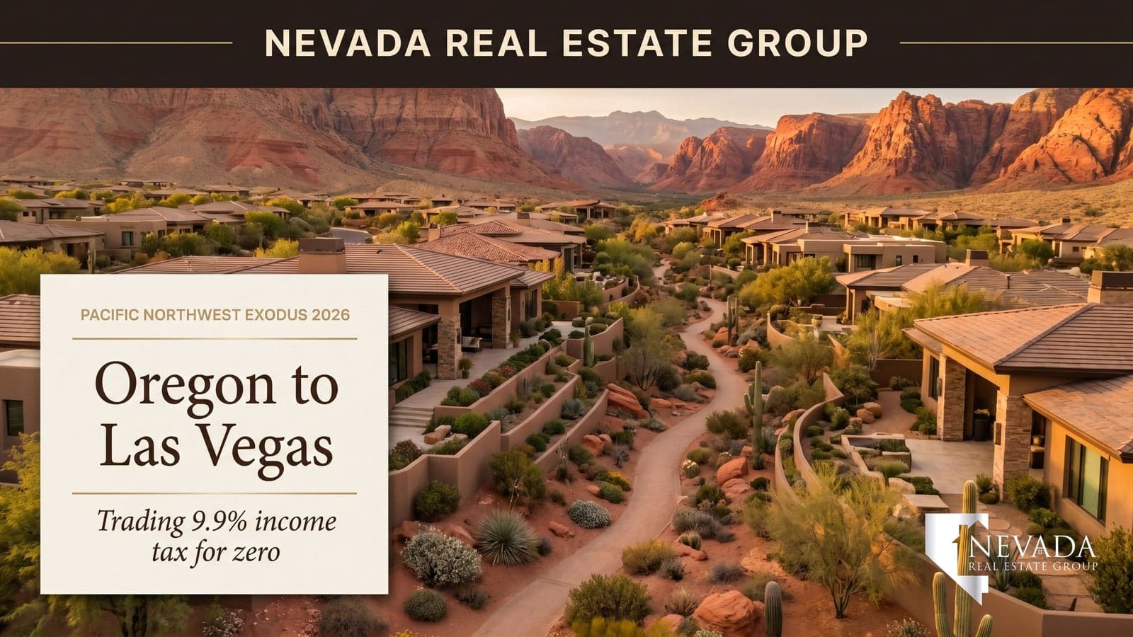 Las Vegas homes against Red Rock Canyon at golden hour, a zero-income-tax destination for Oregon and Portland residents relocating to escape high state and local taxes — Nevada Real Estate Group