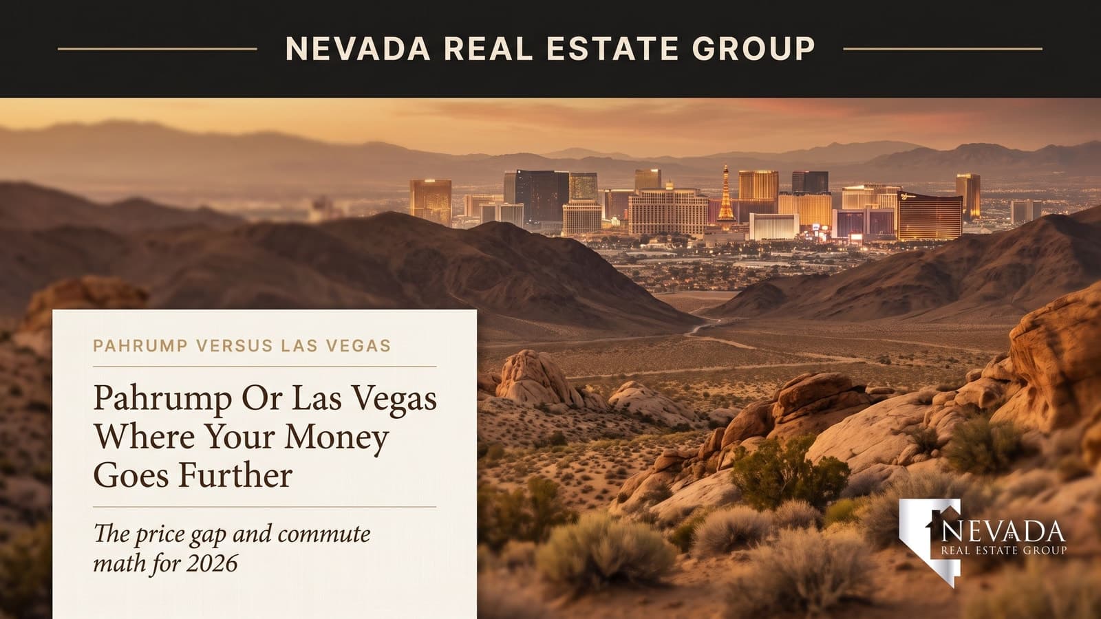 Pahrump Valley homes against the Spring Mountains with the NV-160 highway to Las Vegas — the 2026 price-arbitrage and commute comparison