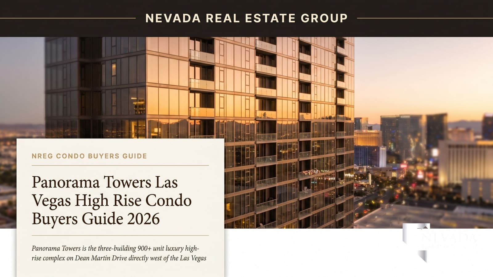 Three Panorama Towers high-rise residential towers on Dean Martin Drive west of the Las Vegas Strip with the central Strip skyline and CityCenter visible in the background