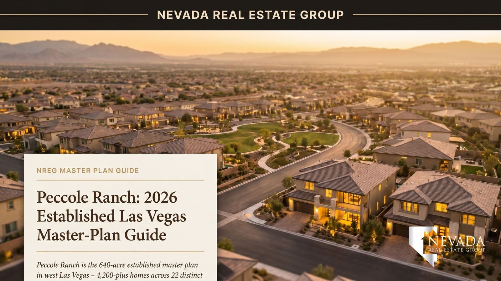 Peccole Ranch Las Vegas master plan aerial at golden hour with mature trees and luxury homes