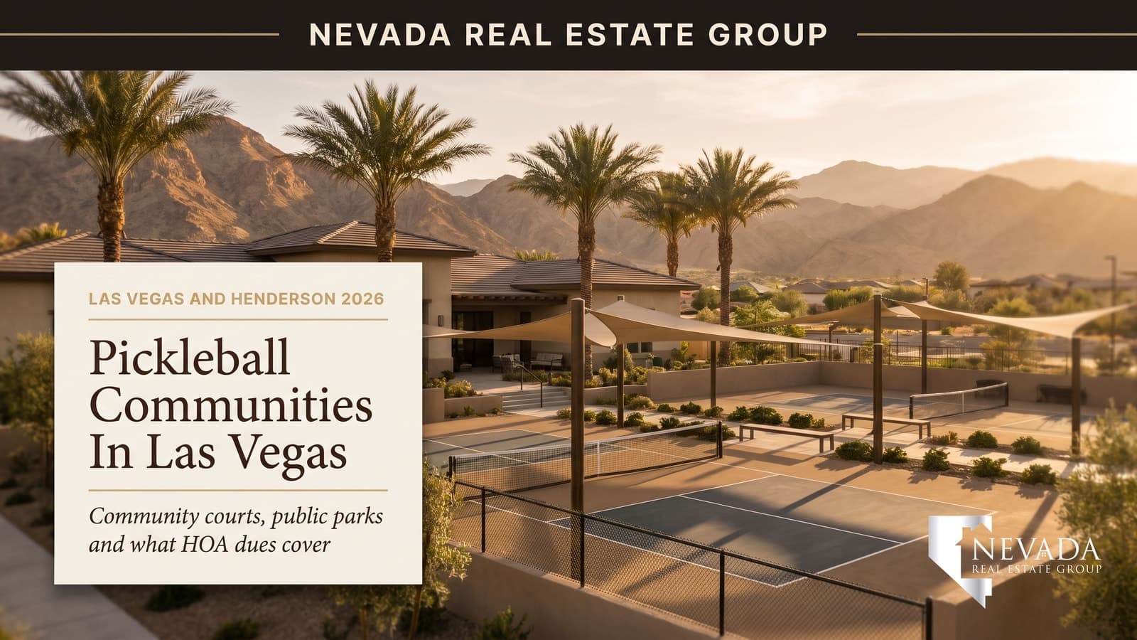 Shaded outdoor pickleball courts beside a clubhouse in a Las Vegas master-planned community with palm trees and desert mountains, 2026 pickleball communities guide