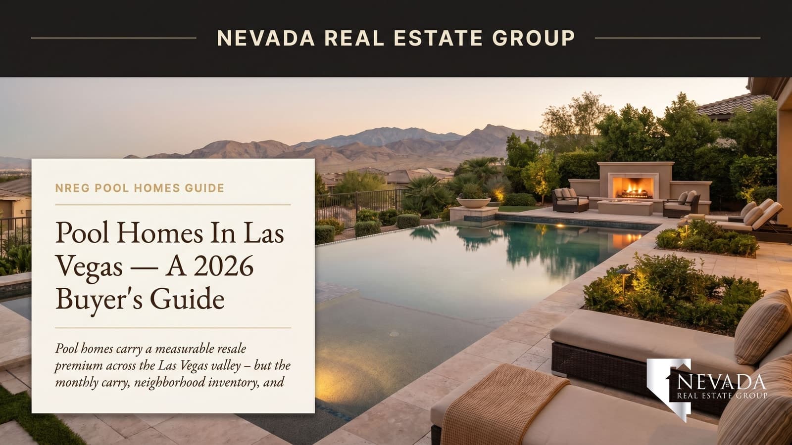 Mid-afternoon view of a private rectangular in-ground pool in a Summerlin backyard with travertine deck, palm trees, and the Spring Mountains in the background — representative Las Vegas pool home