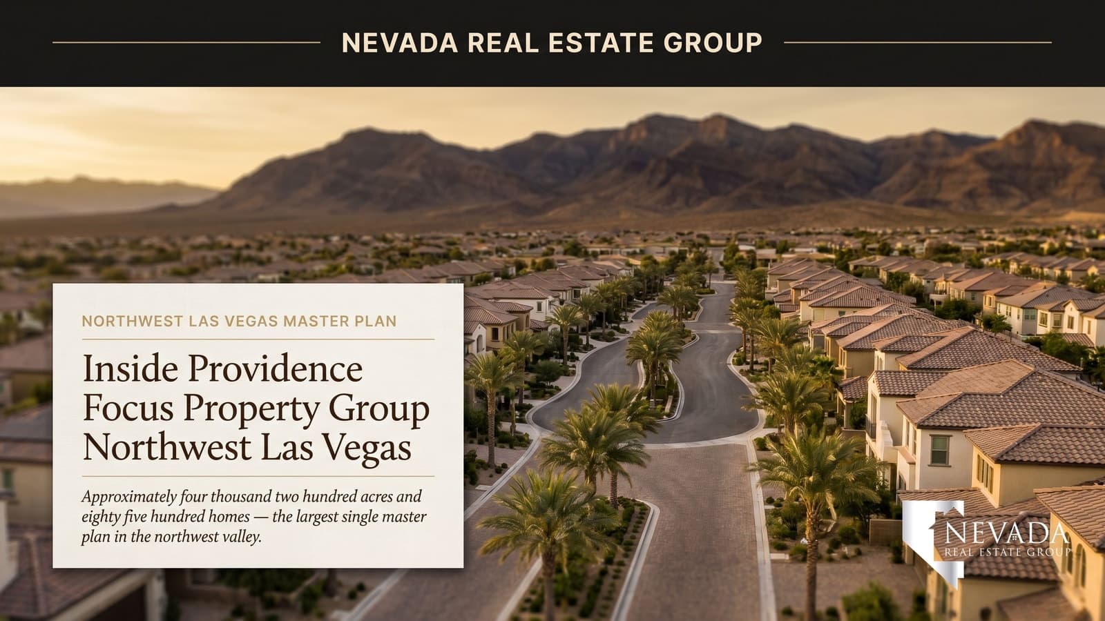 Providence northwest Las Vegas master plan aerial view at golden hour with mountain backdrop