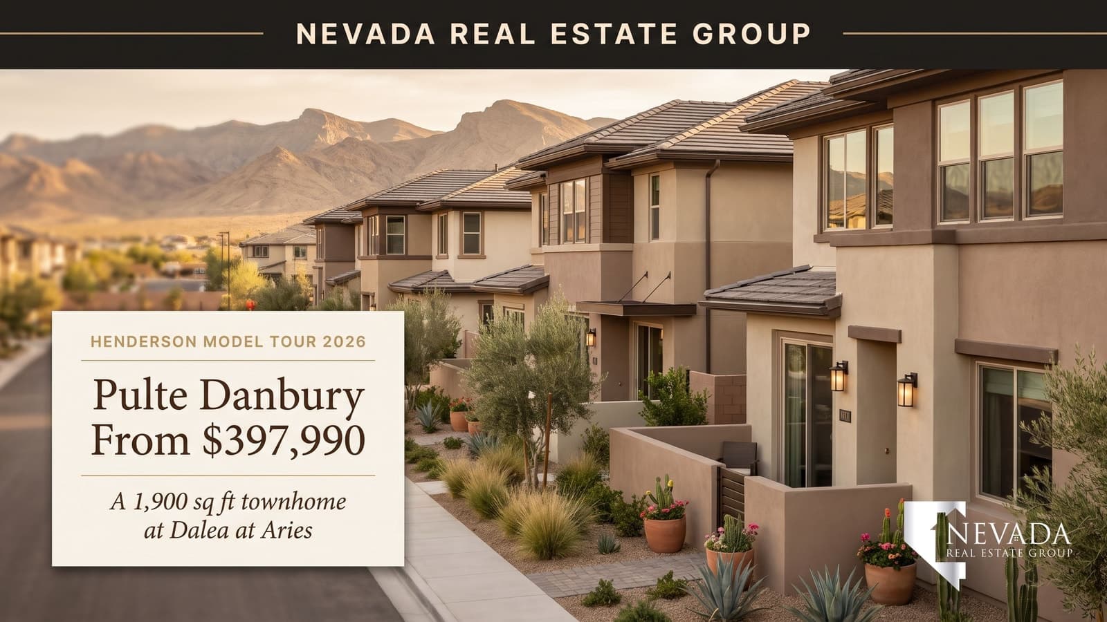Pulte Danbury townhome model tour at Dalea at Aries in Henderson Nevada, new two-story townhomes with tile roofs and desert mountains at golden hour