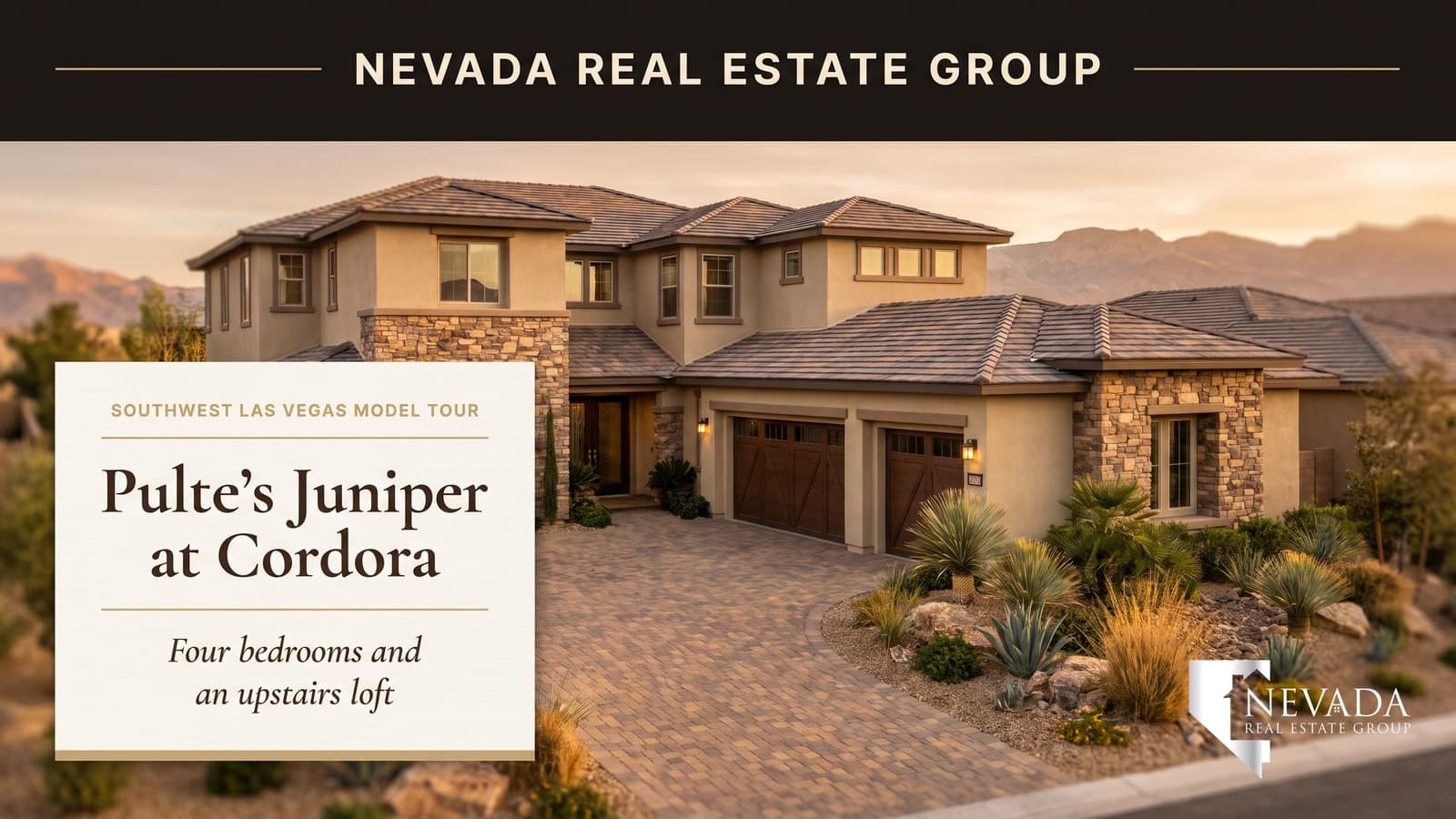 Pulte Juniper model home at Cordora in southwest Las Vegas, a two-story new-construction plan with an upstairs loft