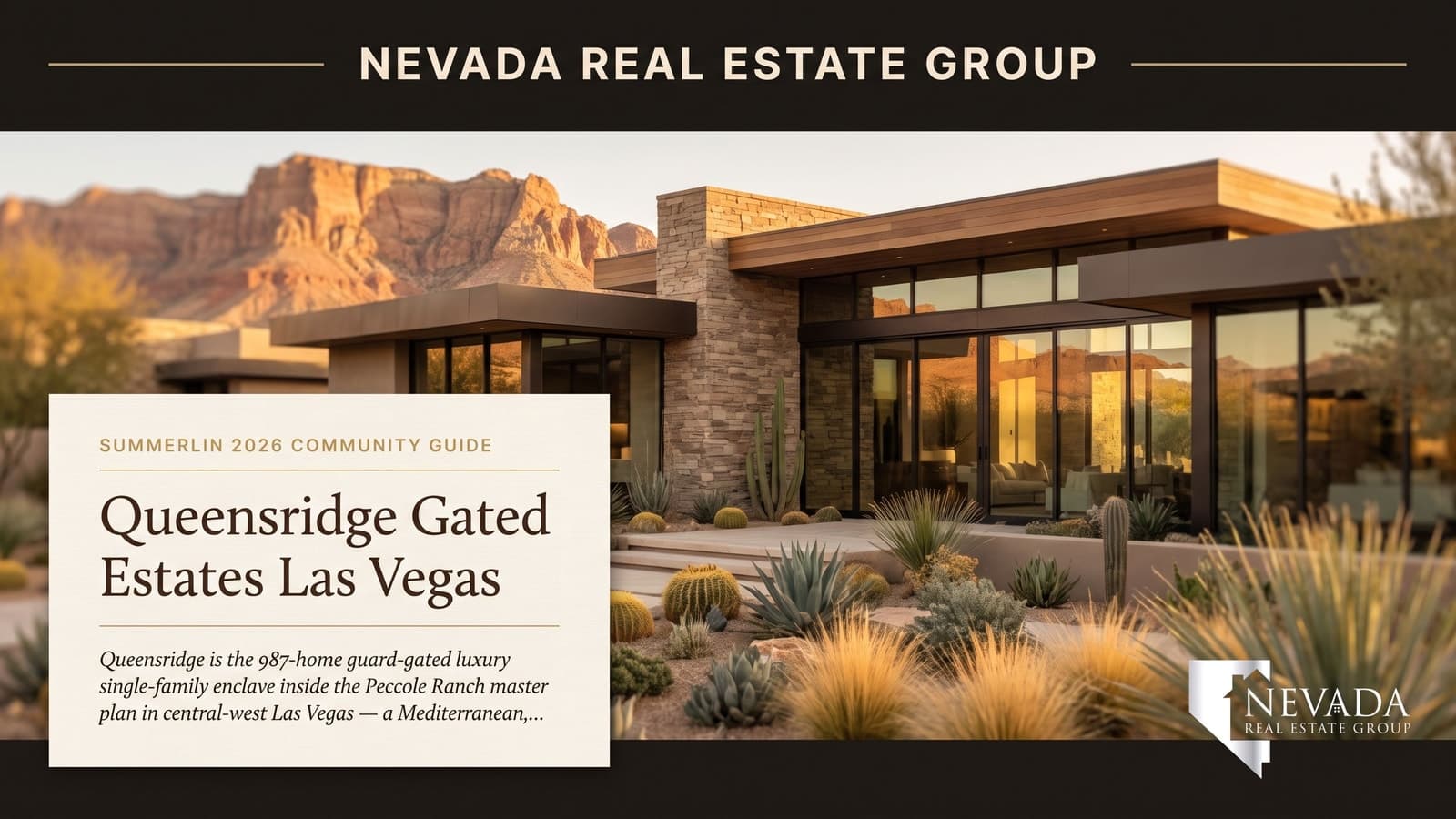 Queensridge Las Vegas guard-gated luxury estate community aerial at golden hour with Mediterranean and Tuscan custom homes inside the Peccole Ranch master plan