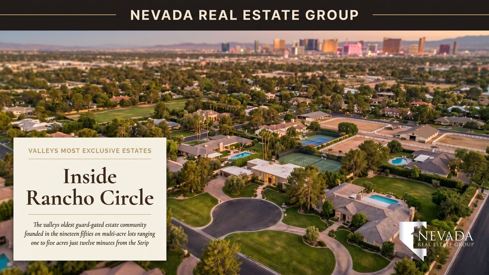 Rancho Circle historic multi-acre Old-Vegas luxury estate with pastoral landscaping mature trees long circular driveway and guard-gated entry pillar at golden hour