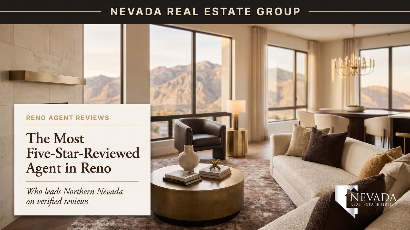 Reno Nevada real estate agent reviewing five-star client feedback with the Sierra Nevada foothills in the background