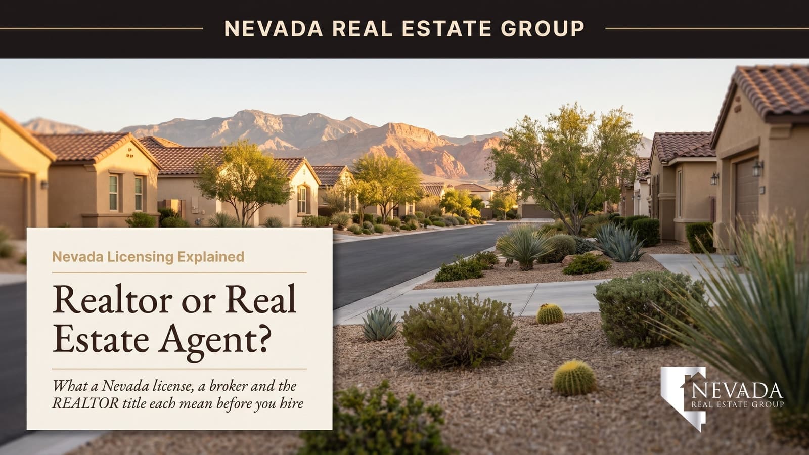 Editorial cover reading Realtor or Real Estate Agent? over a golden-hour Las Vegas Valley street of single-story stucco homes with tile roofs, desert landscaping and red rock mountains in the distance