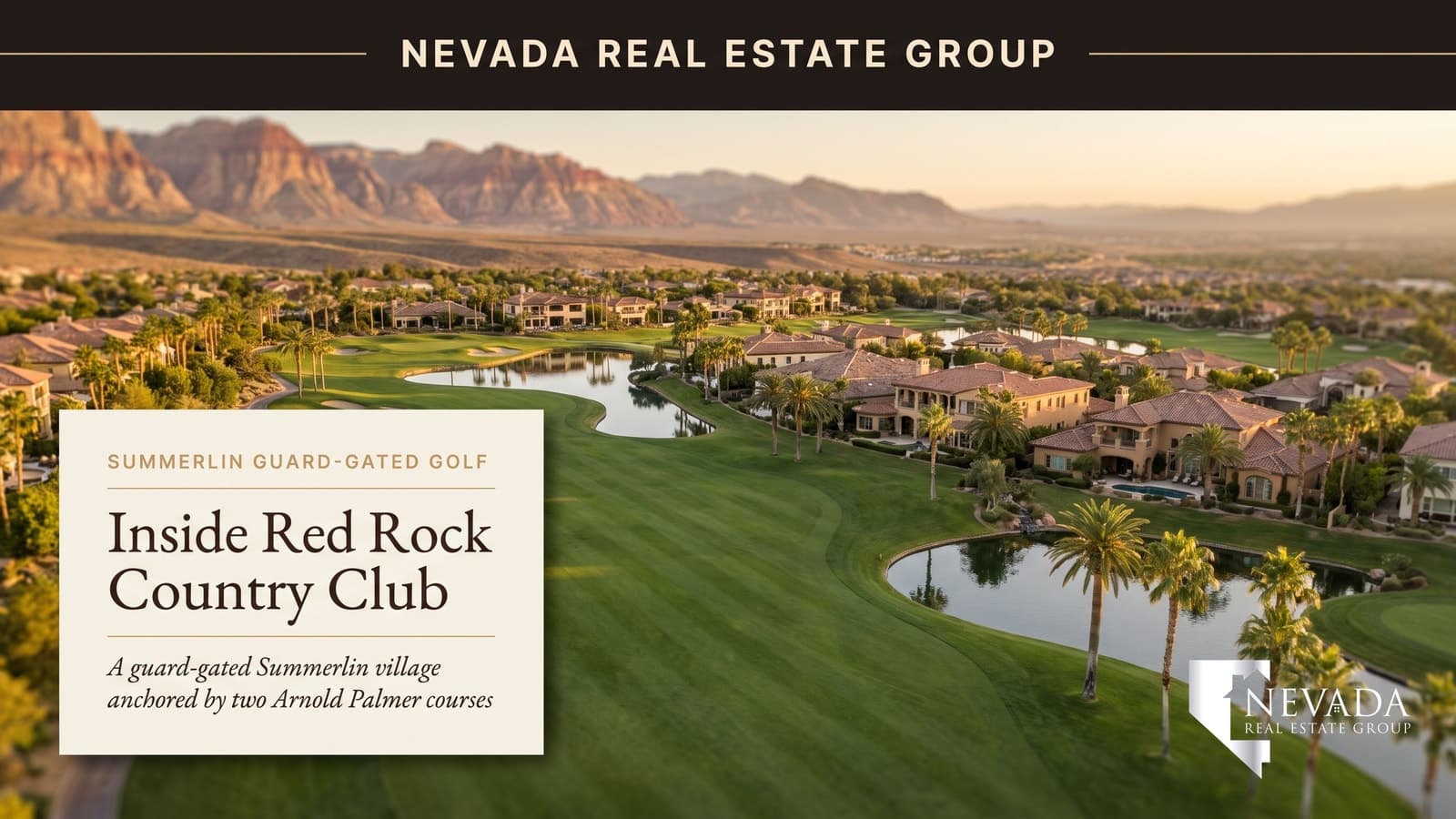 Tile-roofed homes along a golf course pond below red sandstone mountains in western Summerlin, the setting of Red Rock Country Club
