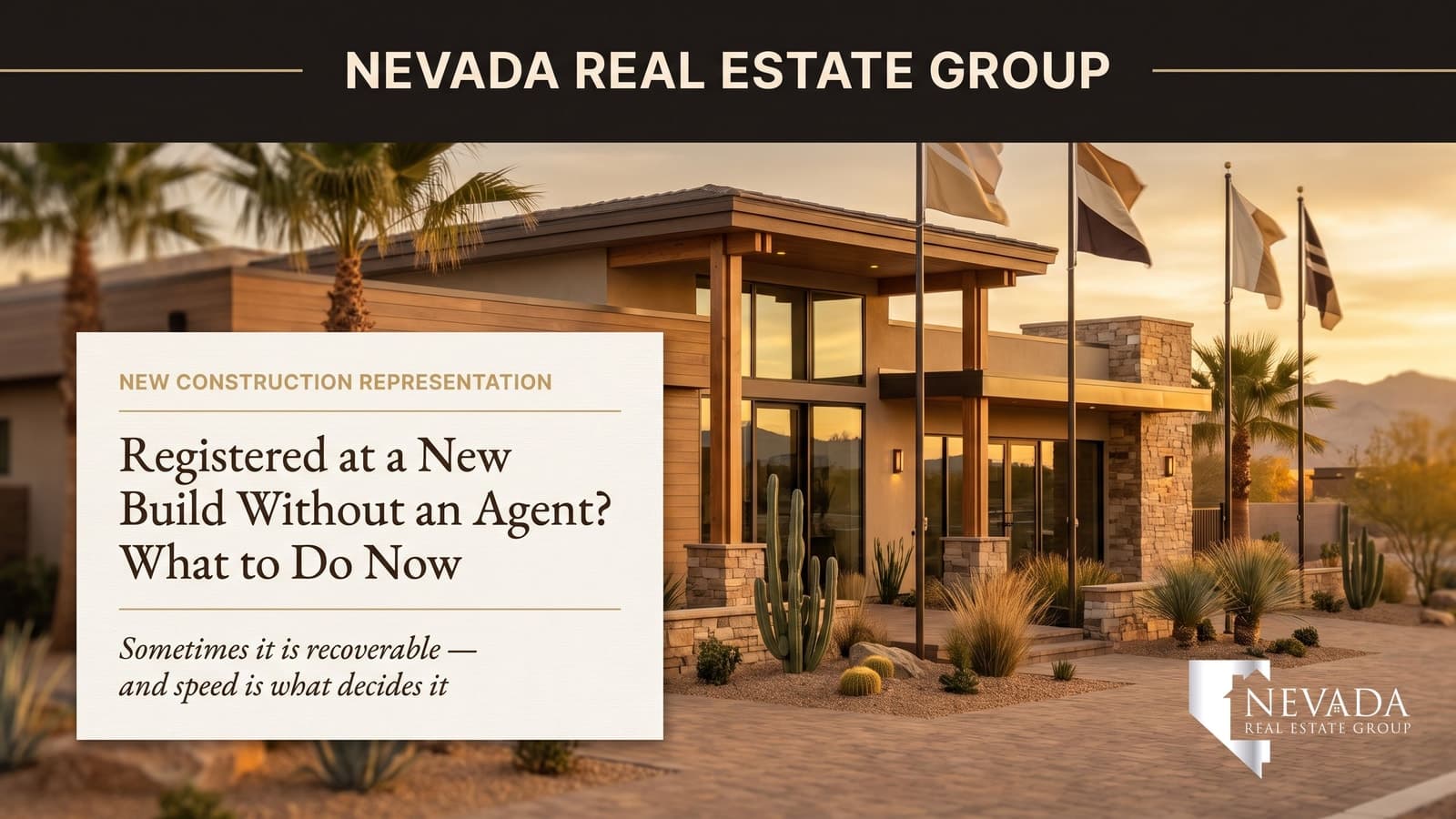 Model home row in a Las Vegas new construction community where buyers register at the sales office before touring in 2026