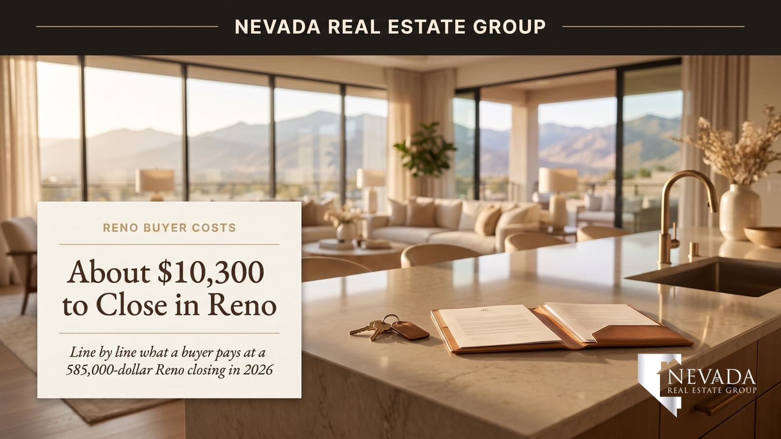 Bright Reno living room and kitchen with the Sierra Nevada foothills through the windows and house keys on the island, illustrating buyer closing costs in Washoe County for 2026