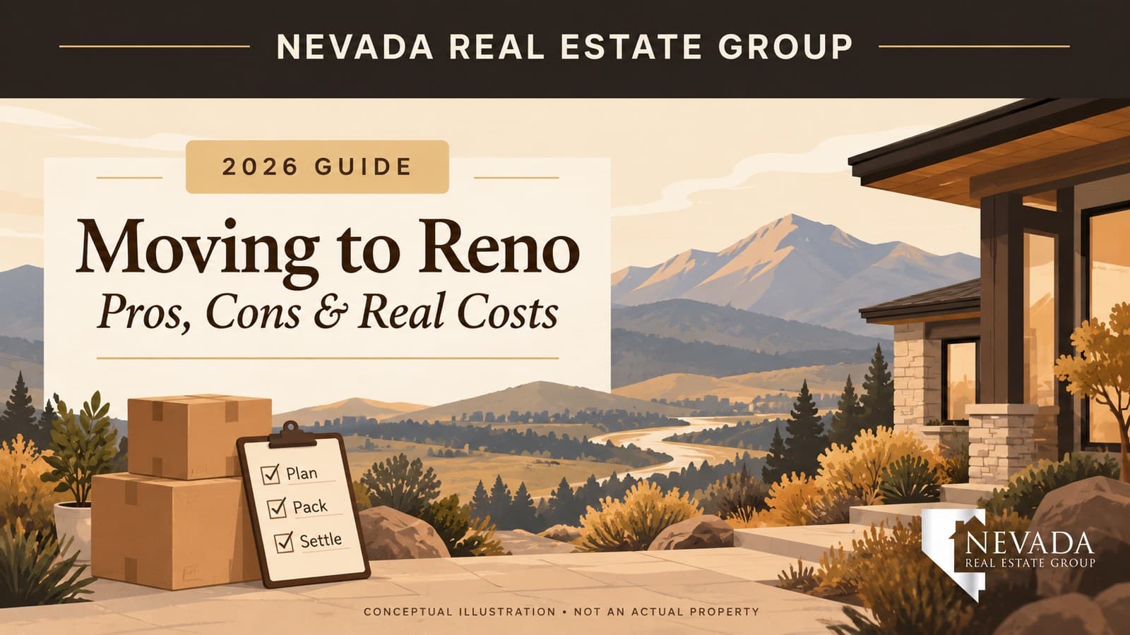 Conceptual illustration of a Northern Nevada home, mountains and moving checklist for a Reno relocation decision