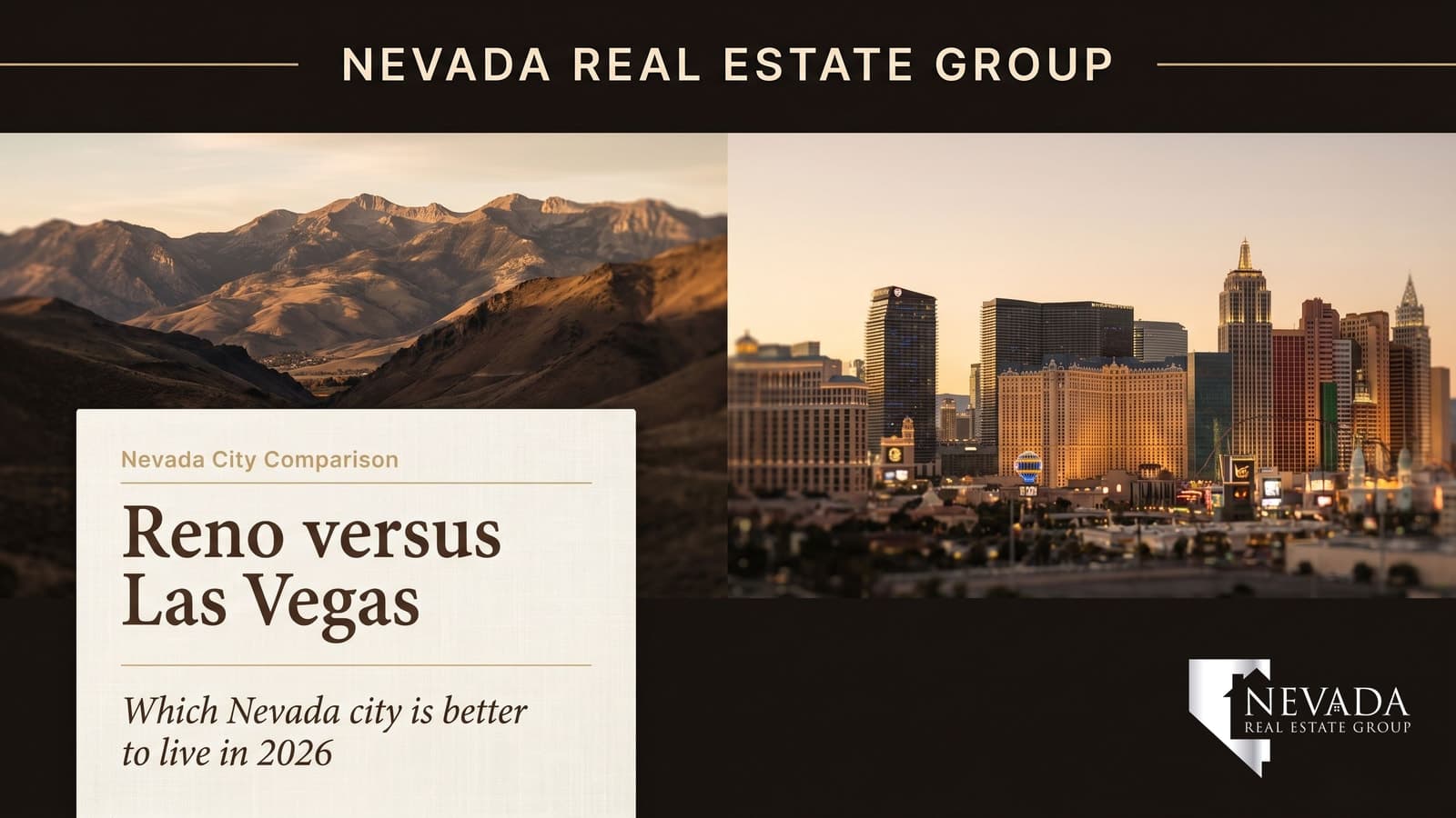 Split view of Reno's Truckee Meadows and the Las Vegas Strip skyline — Reno vs Las Vegas comparison 2026