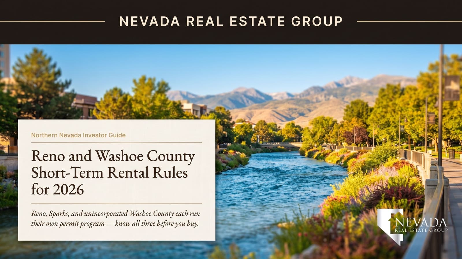 Truckee River flowing through downtown Reno Nevada at sunrise, representing Reno and Washoe County short-term rental rules and Airbnb permit programs for 2026