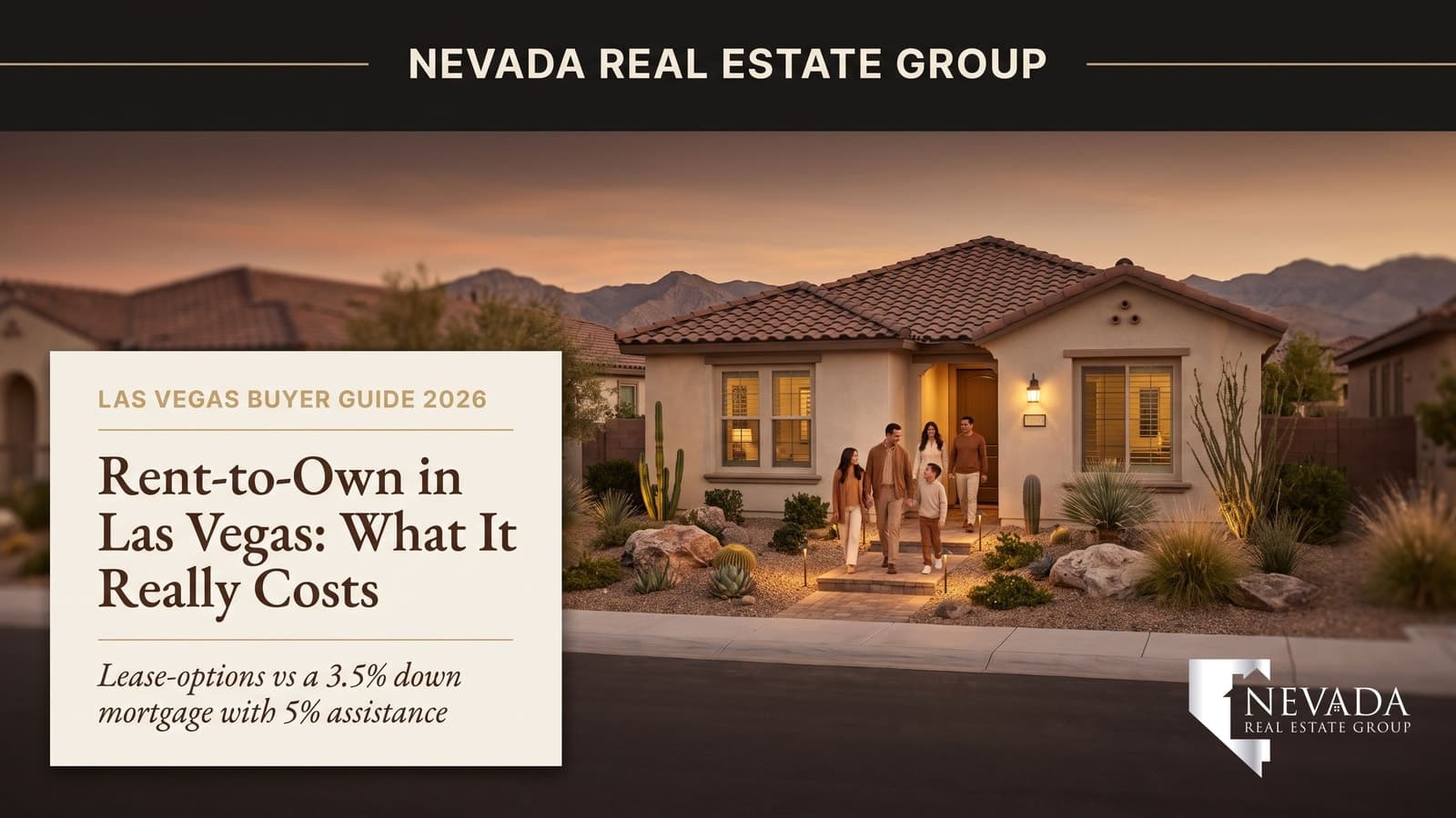 Single-story Las Vegas home with desert landscaping at dusk, illustrating rent-to-own and lease-option homes in Las Vegas in 2026