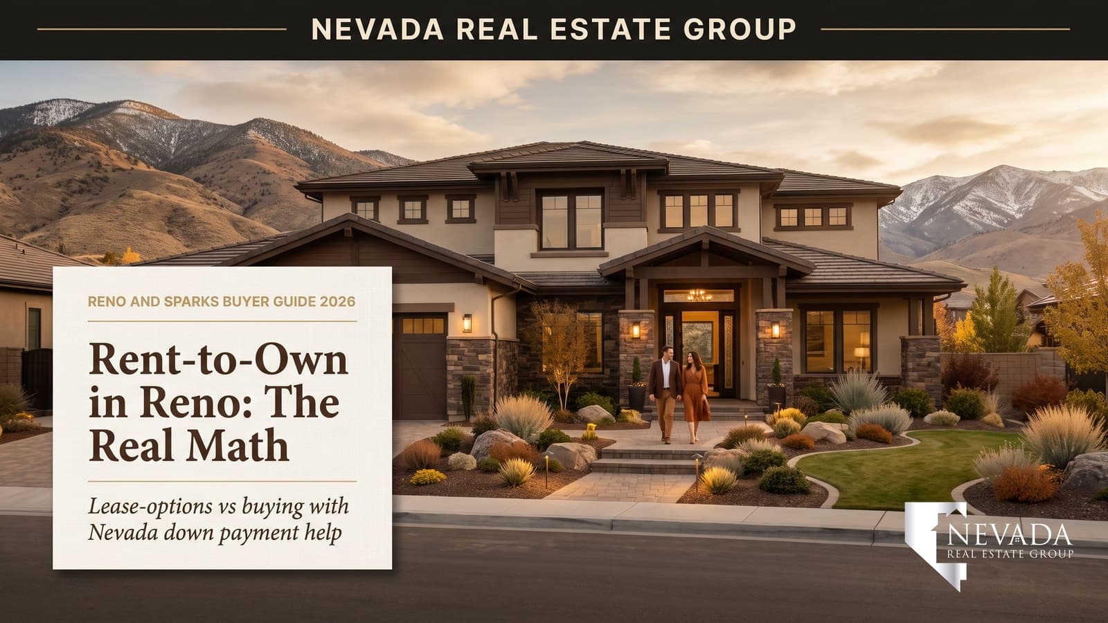 Reno Nevada neighborhood homes below the Sierra foothills at sunset, illustrating rent-to-own and lease-option homes in Reno and Sparks in 2026