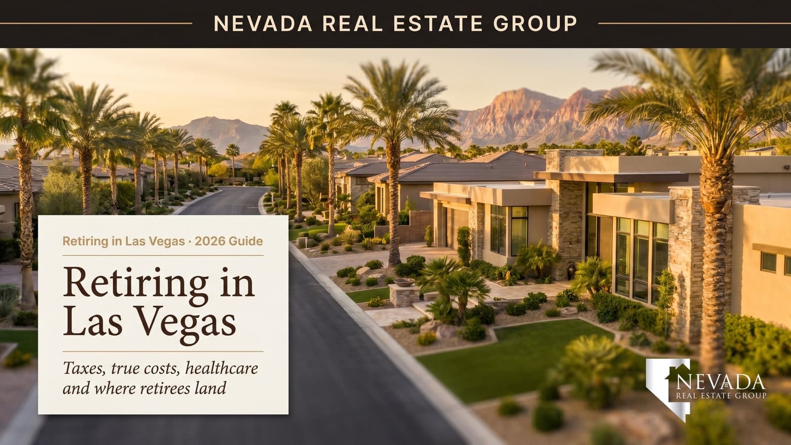 Active adult retirees walking a palm-lined community path in a guard-gated Las Vegas 55-plus community with mountain views at golden hour — Nevada Real Estate Group