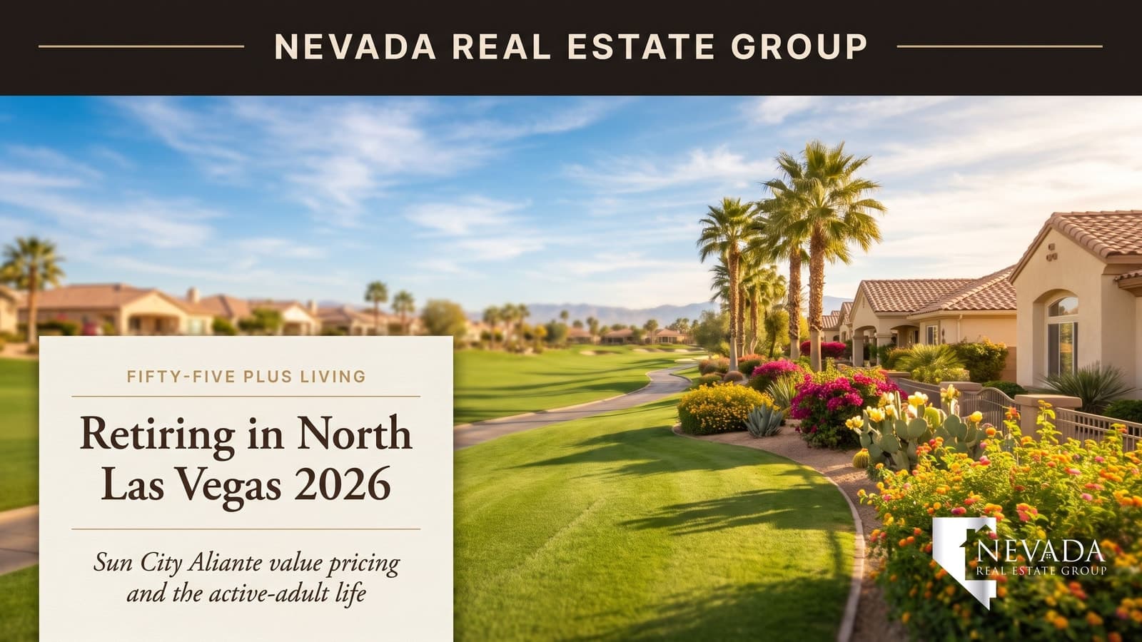 Single-story active-adult homes along a green golf course fairway in a North Las Vegas 55+ community with palm trees and blue sky