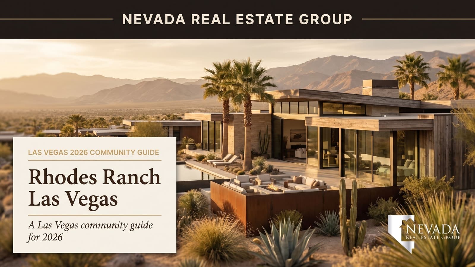 Rhodes Ranch Las Vegas guard-gated golf community aerial at sunset with Ted Robinson course