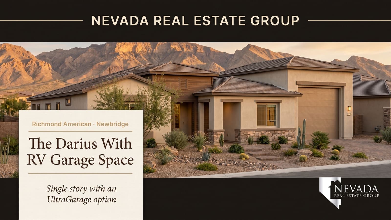 Richmond American Darius — a single-story home at Newbridge in southwest Las Vegas with an available UltraGarage RV bay, 2026