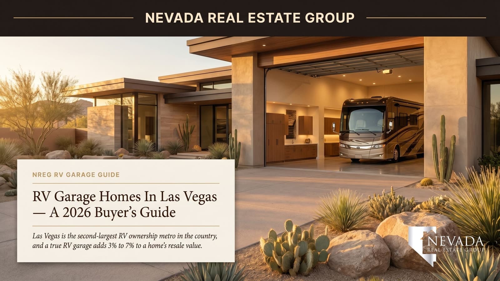 Detached oversized RV garage with 14-foot tall door visible behind a Las Vegas single-story custom home with travertine drive and palm trees — representative of the RV-friendly inventory across North Las Vegas, Mountain's Edge, and Boulder City