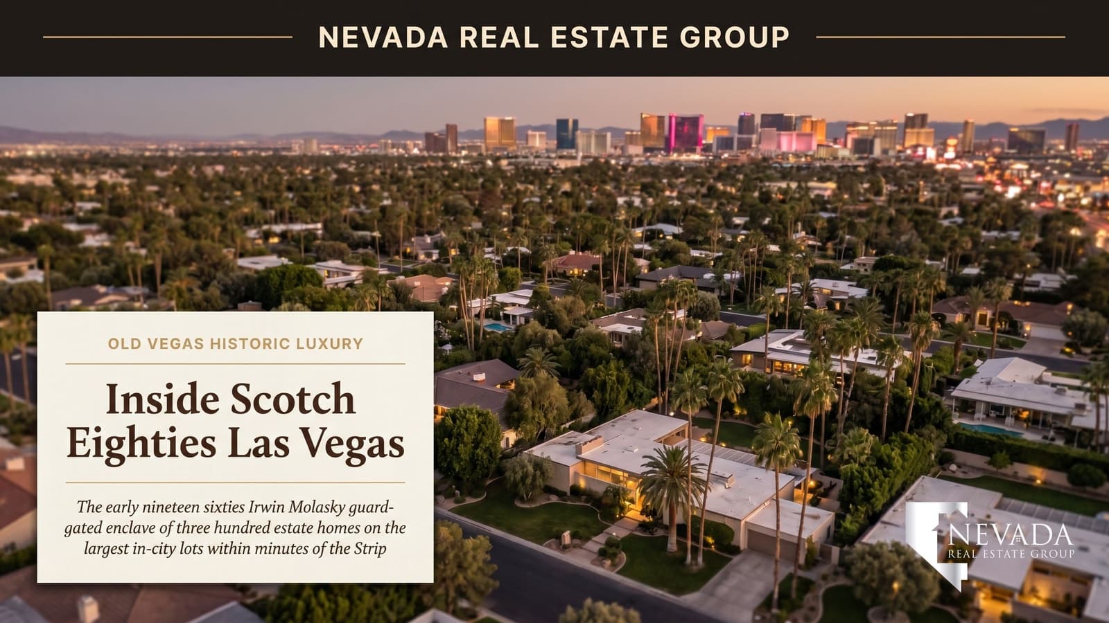 Scotch 80s historic mid-century-modern luxury estate with circular driveway mature ficus and date palm canopy and the Las Vegas Strip skyline glowing in the background