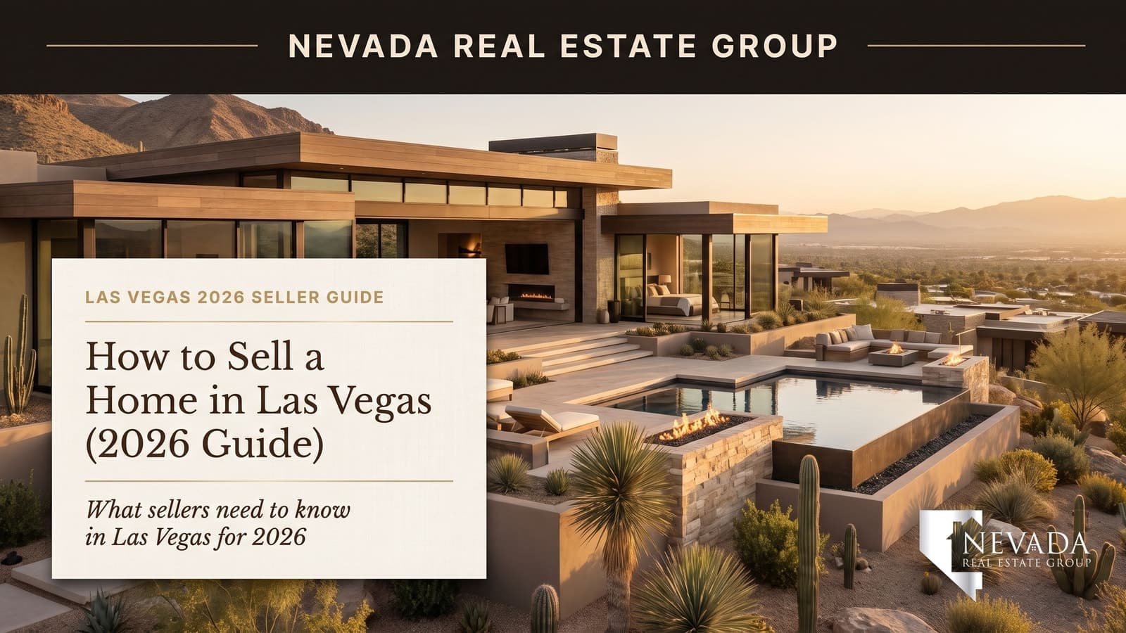 Las Vegas residential neighborhood at sunset with a for-sale sign in front yard — 2026 home selling guide