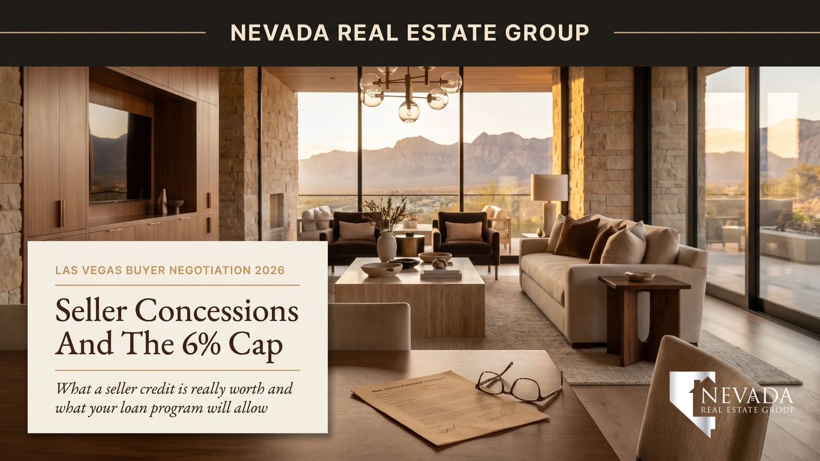 Signed Las Vegas residential purchase contract on a walnut dining table in a warm desert-modern living room with a Red Rock ridgeline beyond the windows