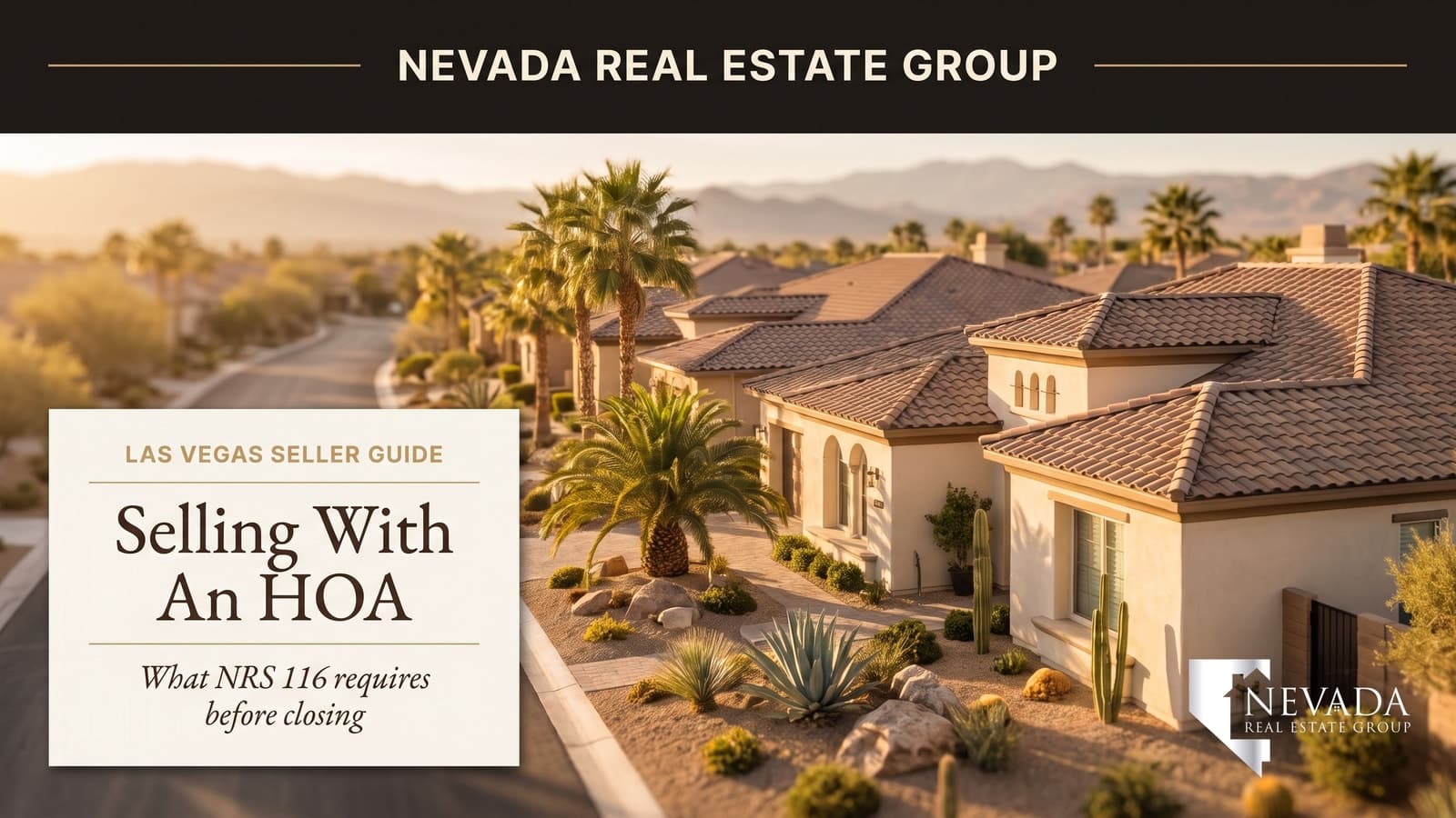 Las Vegas master-planned neighborhood street with tile-roof stucco homes, palm trees and association-maintained landscaping, the setting for selling a home with an HOA
