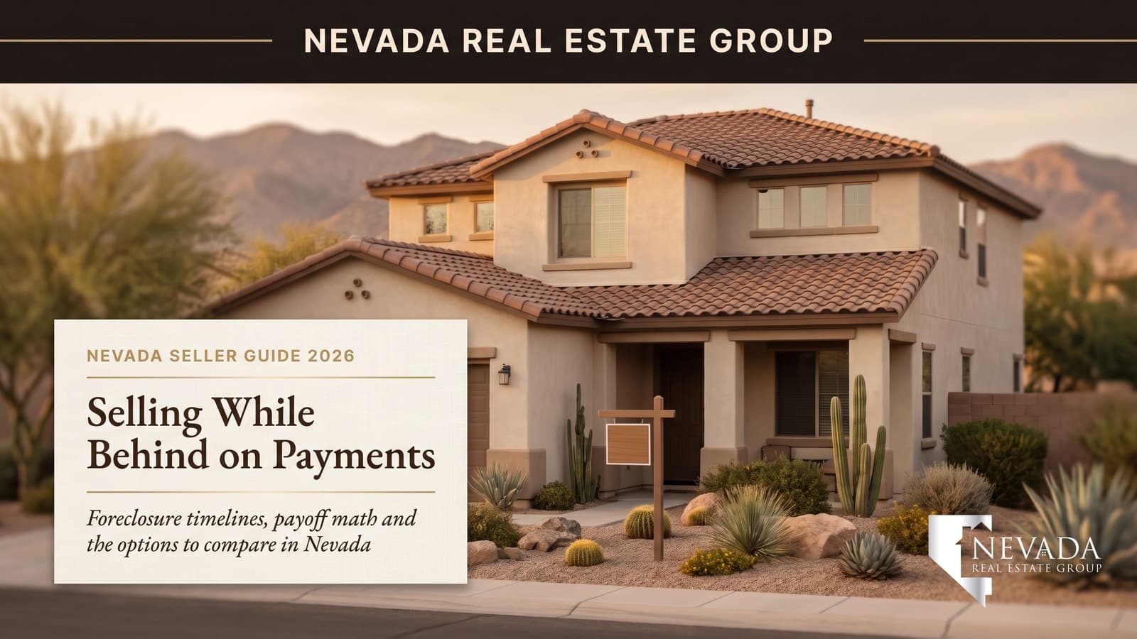 Two-story Nevada stucco home with a tile roof and desert landscaping at golden hour, illustrating selling a house while behind on mortgage payments in Nevada