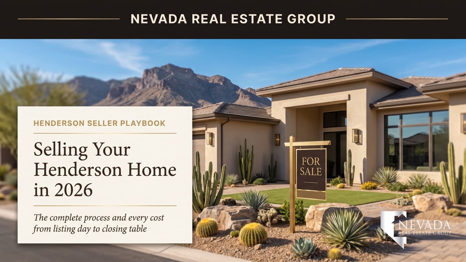 Henderson Nevada home for sale with a yard sign and Black Mountain in the background, illustrating the 2026 process and costs of selling a Henderson home