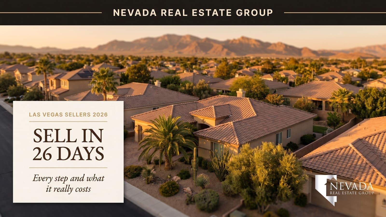 Aerial view of a Las Vegas suburban neighborhood at golden hour, illustrating the 2026 home selling process and costs for valley sellers