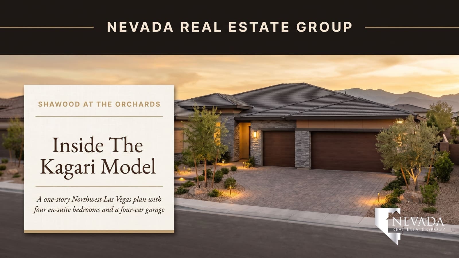 Illustrated cover for Nevada Real Estate Group's Shawood Kagari model tour at The Orchards in Northwest Las Vegas