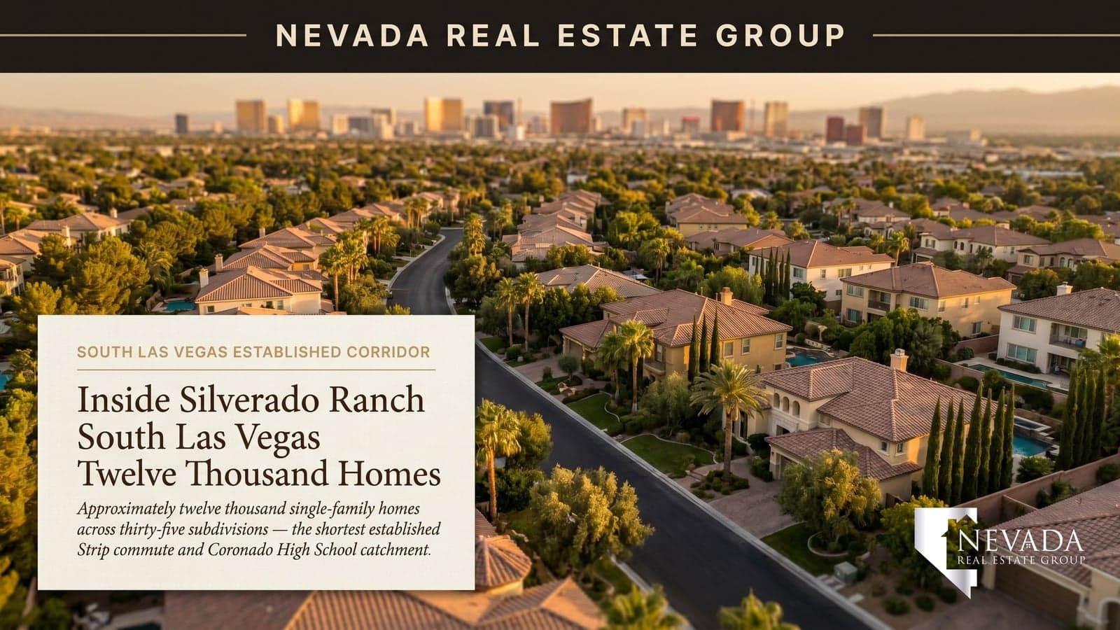 Silverado Ranch south Las Vegas established residential streetscape at golden hour with mountain backdrop