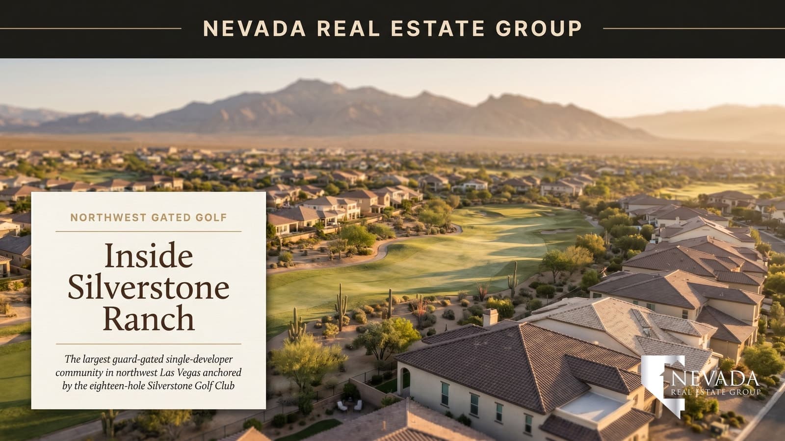 Silverstone Ranch guard-gated golf community in northwest Las Vegas at golden hour with mature desert landscaping fairway views and the Sheep Range mountains in the distance