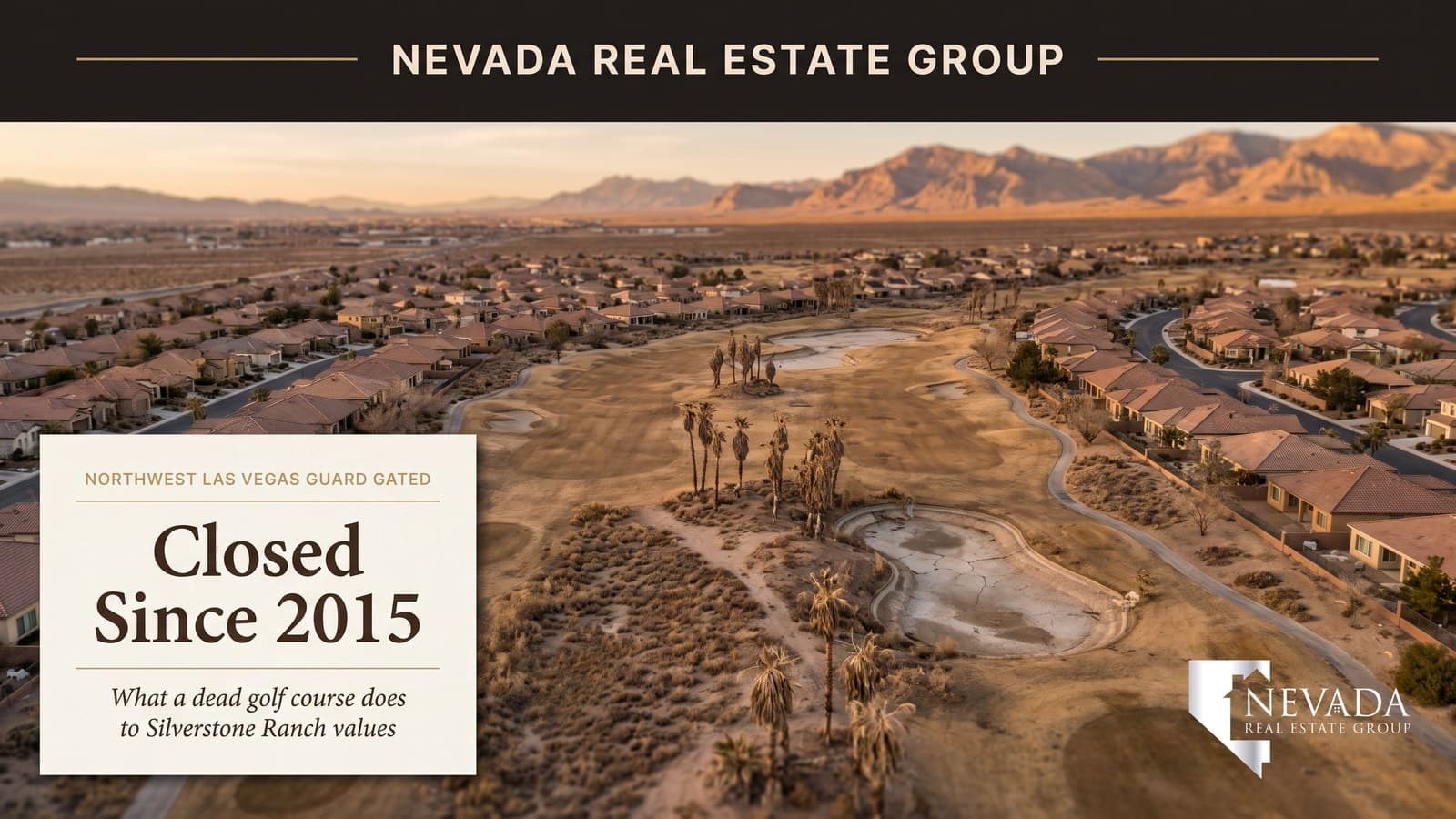 Silverstone Ranch guard-gated golf community in northwest Las Vegas at golden hour with mature desert landscaping fairway views and the Sheep Range mountains in the distance
