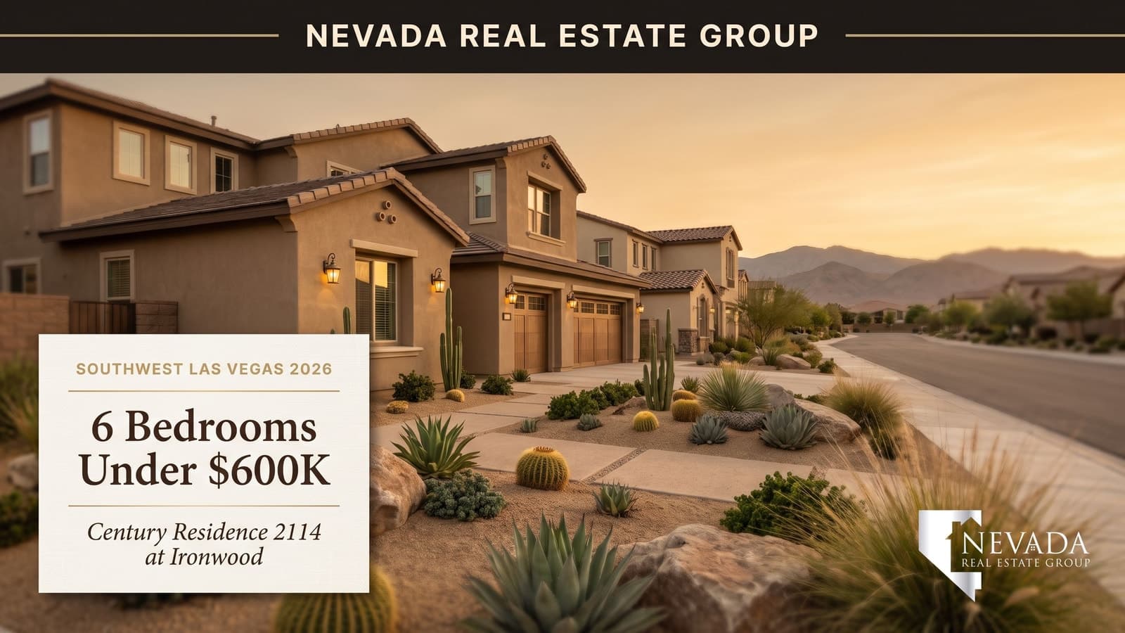 Two-story Century Communities new construction homes on a southwest Las Vegas street at golden hour with desert front-yard landscaping