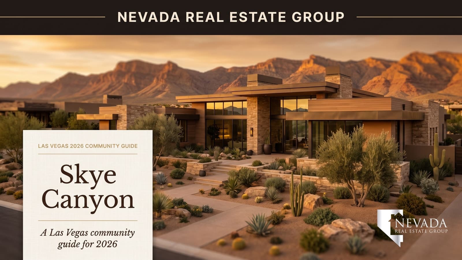 Skye Canyon Las Vegas master plan aerial at golden hour with Spring Mountains backdrop