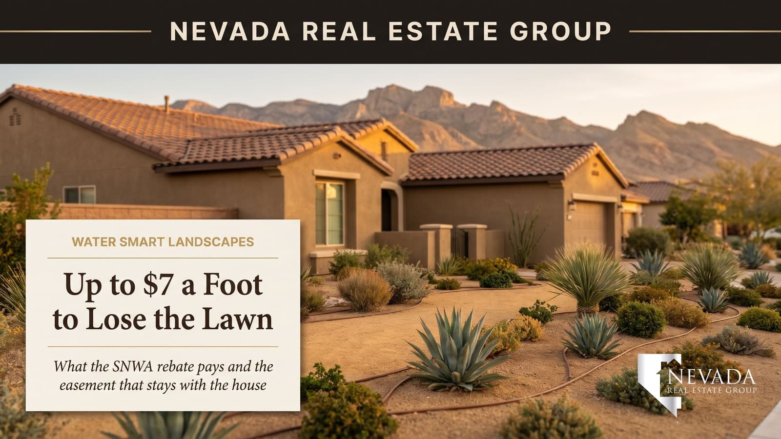 Illustration of a single-story stucco home with a front yard of decomposed granite, agave, desert spoon and drip tubing below desert mountains