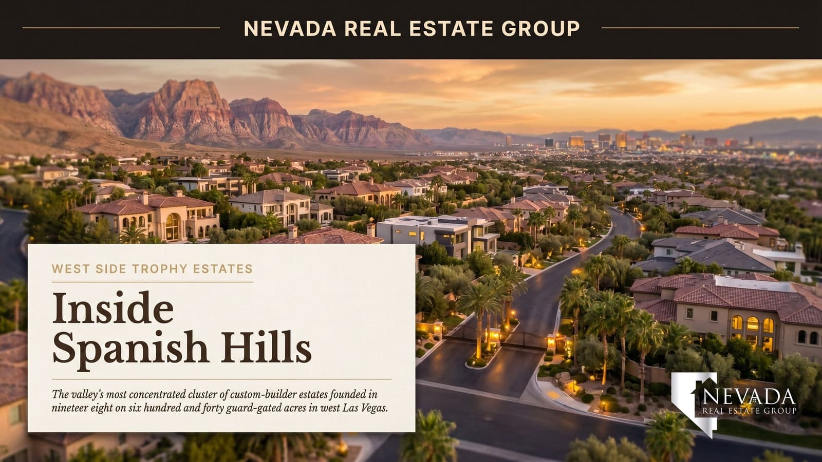 Spanish Hills guard-gated luxury custom estate home in west Las Vegas with Mediterranean architecture circular drive mature palms and Red Rock canyon escarpment in the distance