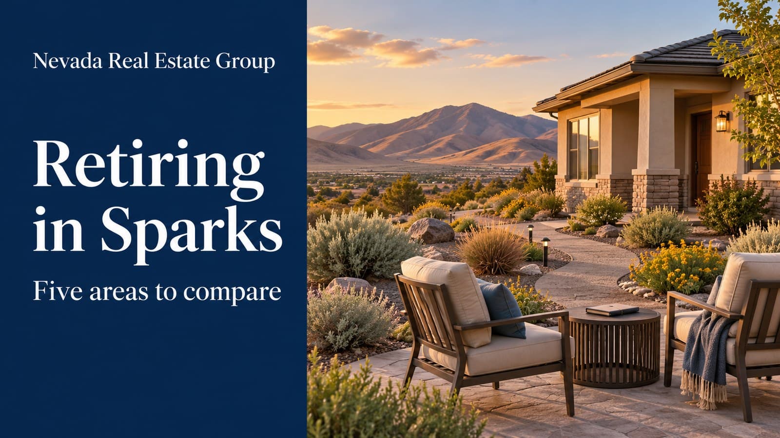 Conceptual illustration of a single-story desert home and patio chairs for the Sparks retirement planning guide